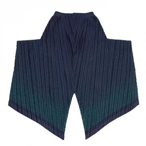 イッセイミヤケISSEYMIYAKE ポリプリーツ裾ステッチ変形ワイドパンツ 紺緑2 K-108550_010