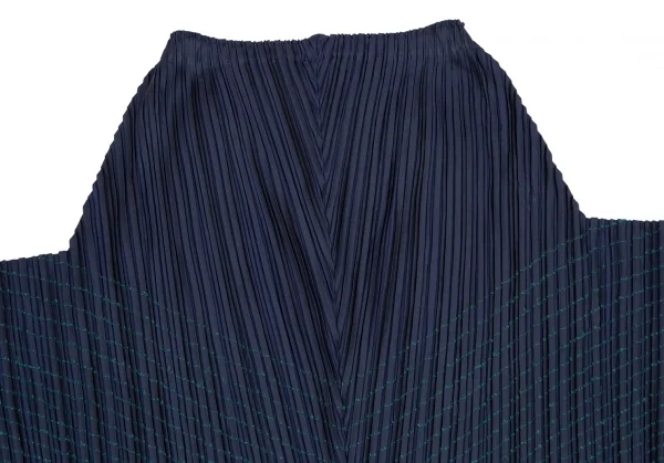 イッセイミヤケISSEYMIYAKE ポリプリーツ裾ステッチ変形ワイドパンツ 紺緑2 K-108550_011