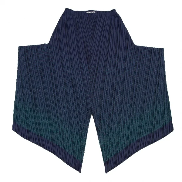 イッセイミヤケISSEYMIYAKE ポリプリーツ裾ステッチ変形ワイドパンツ 紺緑2 K-108550_002