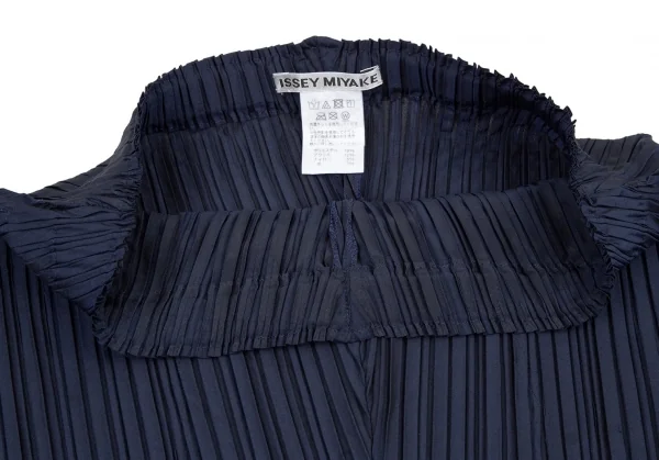 イッセイミヤケISSEYMIYAKE ポリプリーツ裾ステッチ変形ワイドパンツ 紺緑2 K-108550_006