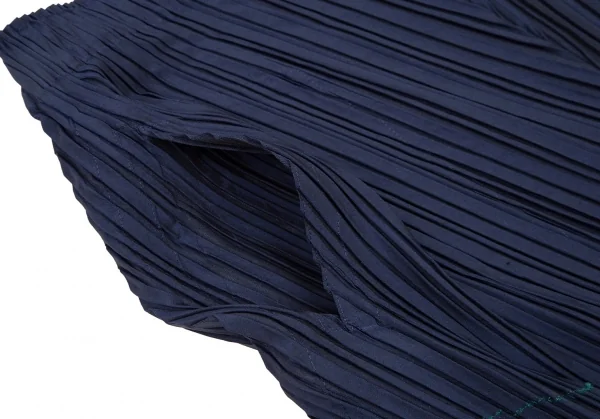 イッセイミヤケISSEYMIYAKE ポリプリーツ裾ステッチ変形ワイドパンツ 紺緑2 K-108550_007