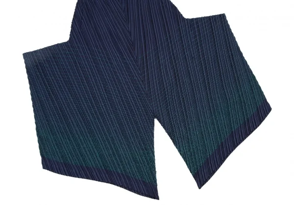 イッセイミヤケISSEYMIYAKE ポリプリーツ裾ステッチ変形ワイドパンツ 紺緑2 K-108550_008