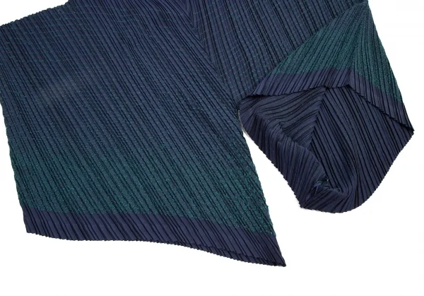 イッセイミヤケISSEYMIYAKE ポリプリーツ裾ステッチ変形ワイドパンツ 紺緑2 K-108550_009