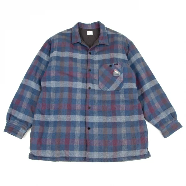 パパスPapas コットンワッペン裏キルティング中綿ブロックチェックシャツジャケット 青白ワインL K-108559_001