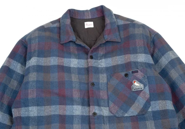 パパスPapas コットンワッペン裏キルティング中綿ブロックチェックシャツジャケット 青白ワインL K-108559_002