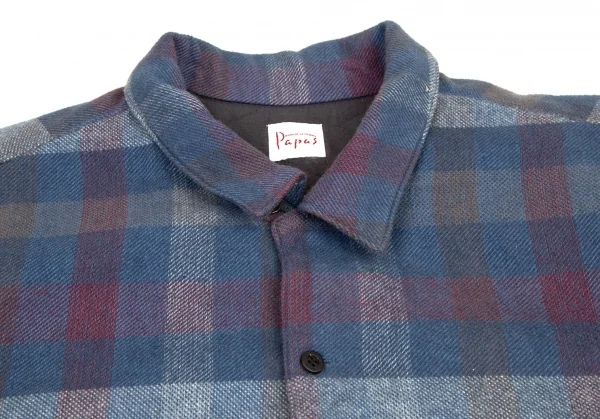 パパスPapas コットンワッペン裏キルティング中綿ブロックチェックシャツジャケット 青白ワインL K-108559_003