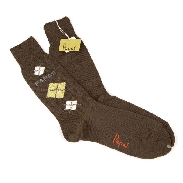 新品!パパスPapas ロゴアーガイルハイソックス 茶M位(25cm~27cm) K-108571_001