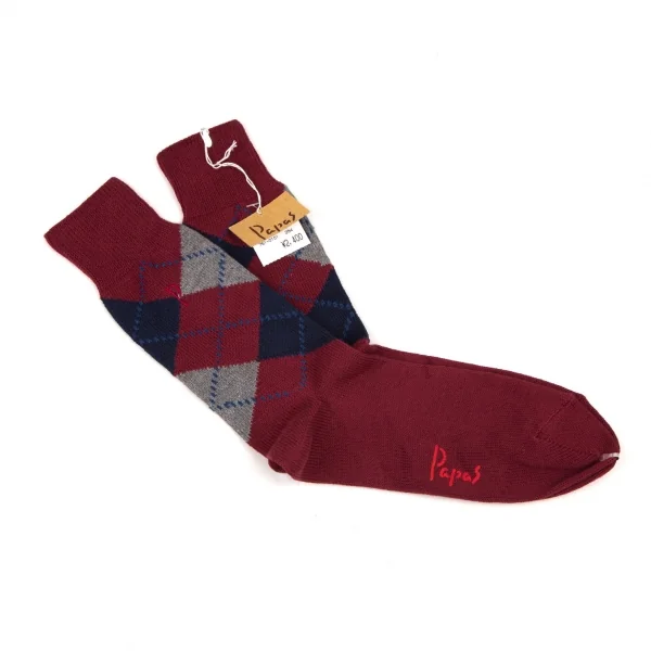新品!パパスPapas P刺繍アーガイルハイソックス ワインM位(25cm~27cm) K-108573_001