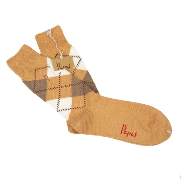新品!パパスPapas P刺繍アーガイルハイソックス ベージュブラウンM位(25cm~27cm) K-108575_001
