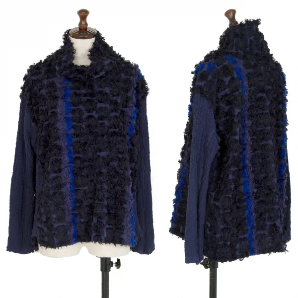 イッセイミヤケ ミーISSEY MIYAKE me カリフラワー切替カットジャガードハイネックカットソー 青紺F K-108598_001