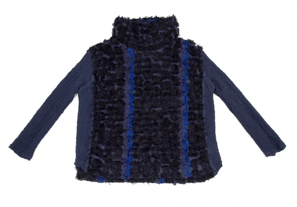 イッセイミヤケ ミーISSEY MIYAKE me カリフラワー切替カットジャガードハイネックカットソー 青紺F K-108598_002
