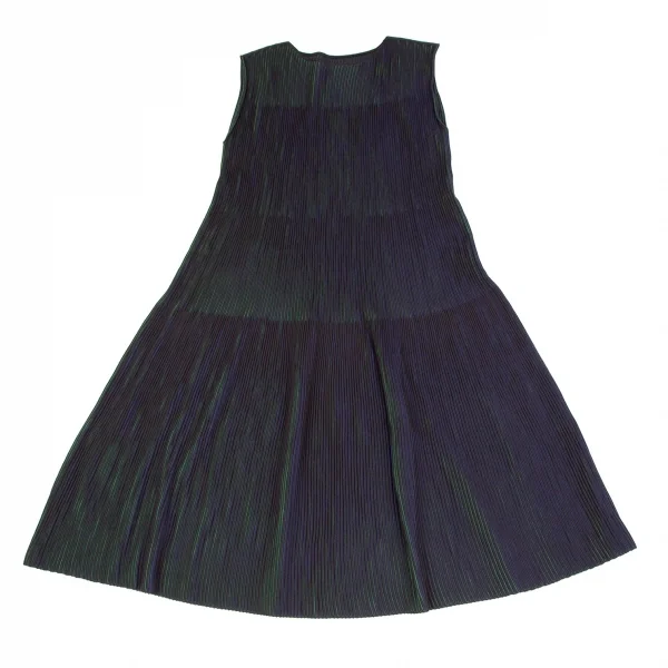 イッセイミヤケ ミーISSEY MIYAKE me 3Dストライプリブニットノースリーブワンピース 黒青緑F K-108600_002