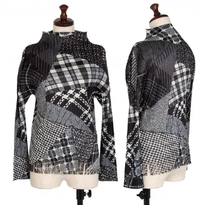 プリーツプリーズPLEATS PLEASE マルチファブリックプリントプリーツフリンジ長袖カットソー