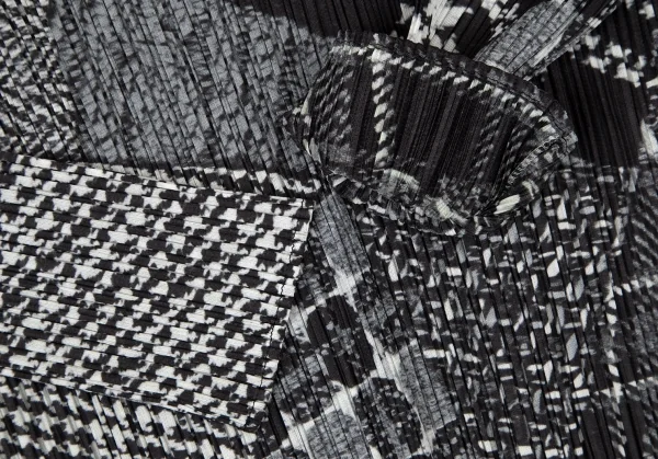 プリーツプリーズPLEATS PLEASE マルチファブリックプリントプリーツフリンジ長袖カットソー グレー白黒3 K-108607_005