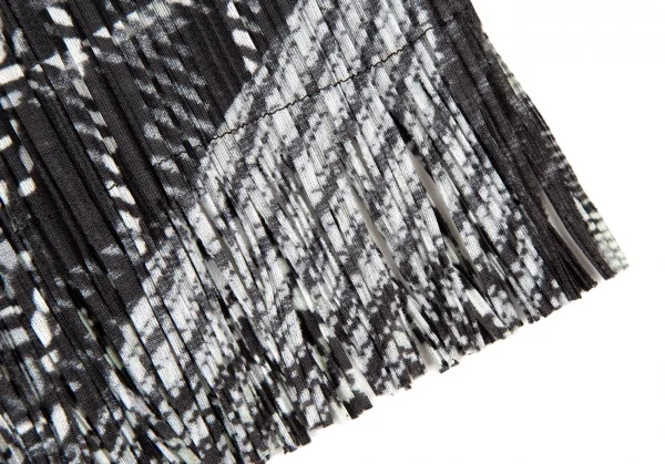 プリーツプリーズPLEATS PLEASE マルチファブリックプリントプリーツフリンジ長袖カットソー グレー白黒3 K-108607_007