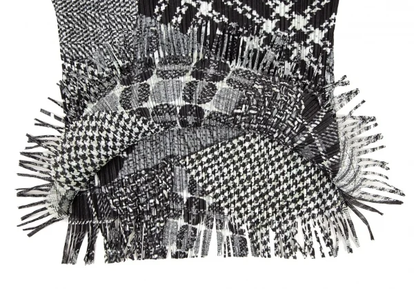 プリーツプリーズPLEATS PLEASE マルチファブリックプリントプリーツフリンジ長袖カットソー グレー白黒3 K-108607_008