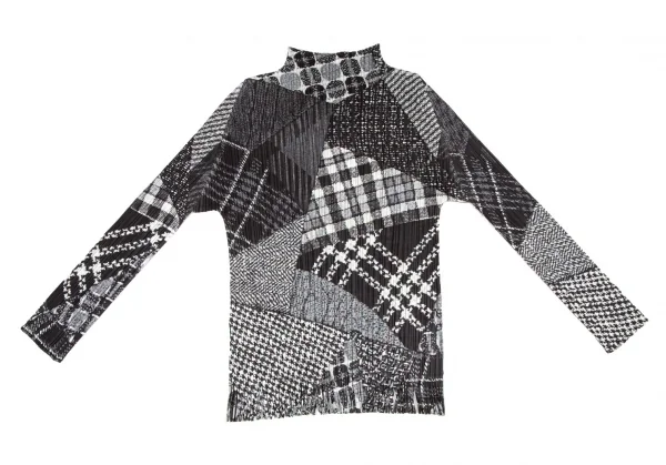 プリーツプリーズPLEATS PLEASE マルチファブリックプリントプリーツフリンジ長袖カットソー グレー白黒3 K-108607_009