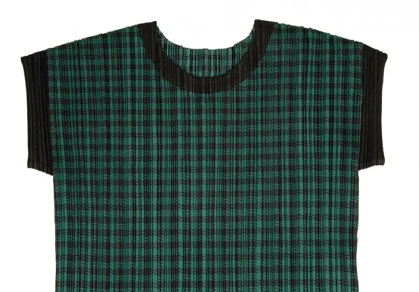 プリーツプリーズPLEATS PLEASE シェパードチェックプリーツトリミングワンピース 緑黒3 K-108614_003