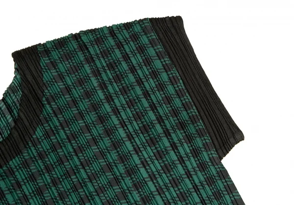 プリーツプリーズPLEATS PLEASE シェパードチェックプリーツトリミングワンピース 緑黒3 K-108614_005