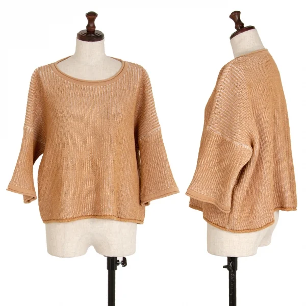 イッセイミヤケISSEY MIYAKE 擬麻加工ペーパーローゲージ半袖ニット ベージュ2 K-108644_001