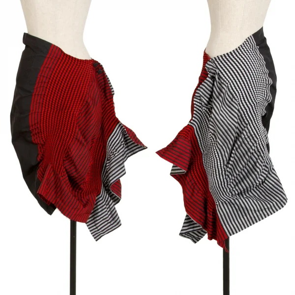 イッセイミヤケISSEY MIYAKE SUNSET ストライププリーツ変形デザインスカート 黒赤グレー2 K-108654_001