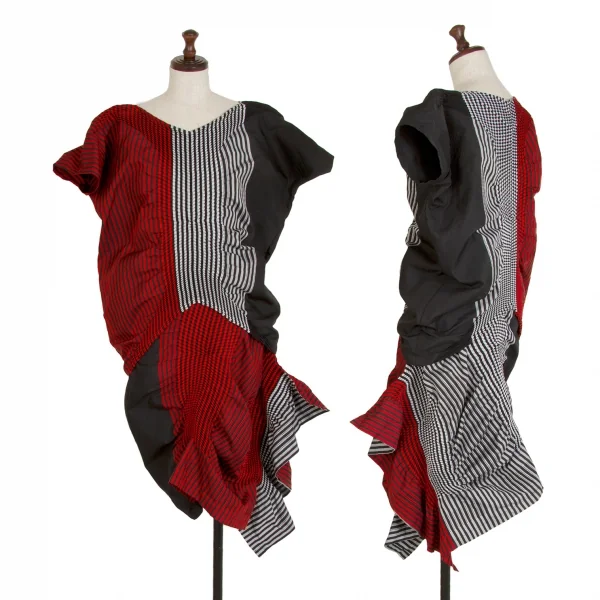 イッセイミヤケISSEY MIYAKE SUNSET ストライププリーツ変形デザインスカート 黒赤グレー2 K-108654_015