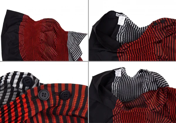 イッセイミヤケISSEY MIYAKE SUNSET ストライププリーツ変形デザインセットアップ 黒赤グレー2 K-108655_012