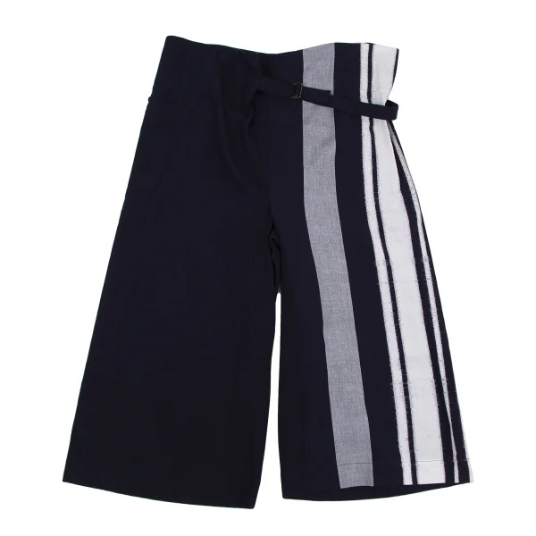イッセイミヤケ ミーISSEY MIYAKE me サイドラインプリントベルテッドワイドクロップドパンツ 紺白M位 K-108682_001