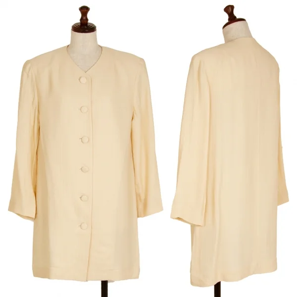 ヨシエイナバyoshie inaba シルク混ストライプ織りノーカラージャケット クリーム9 K-108751_001