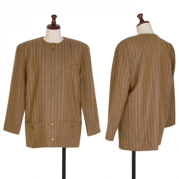 クリスチャンディオールChristian Dior マルチパターンストライプノーカラージャケット 茶グレー9 K-108762_001