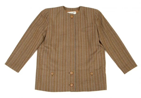 クリスチャンディオールChristian Dior マルチパターンストライプノーカラージャケット 茶グレー9 K-108762_002