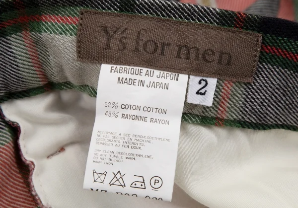 ワイズフォーメンY's for men コットンレーヨンタータンチェックパンツ 赤緑黒他2 K-108792_014