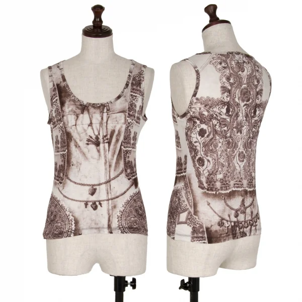 ジャンポールゴルチエ ファムJean Paul GAULTIER FEMME 刺繍チャーム転写プリントタンクトップ 赤茶オフ40 K-108814_001