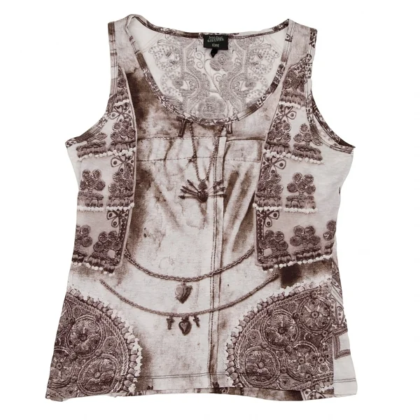 ジャンポールゴルチエ ファムJean Paul GAULTIER FEMME 刺繍チャーム転写プリントタンクトップ 赤茶オフ40 K-108814_002