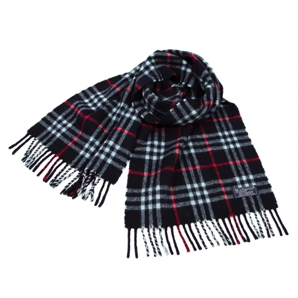バーバリーズBurberrys' カシミヤチェックフリンジマフラー 紺水色赤 K-108820_001
