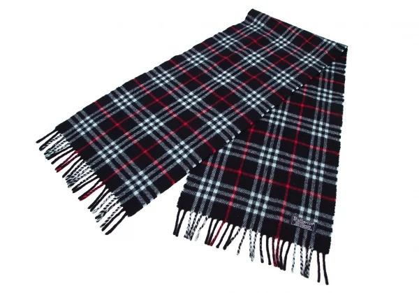 バーバリーズBurberrys' カシミヤチェックフリンジマフラー 紺水色赤 K-108820_002