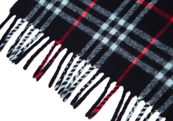 バーバリーズBurberrys' カシミヤチェックフリンジマフラー 紺水色赤 K-108820_003