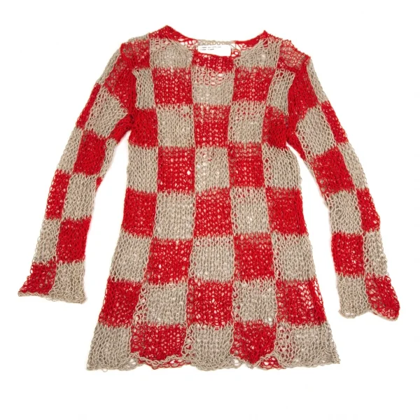 コムデギャルソン オムオムCOMME des GARCONS HOMME HOMME ブロックチェックハンドスパイダーニット 赤モカL位 K-108842_001