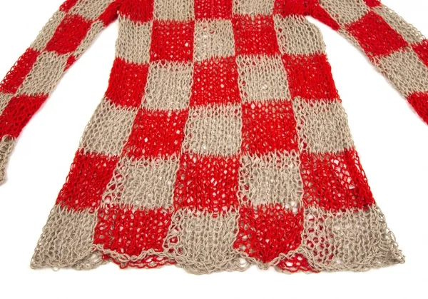 コムデギャルソン オムオムCOMME des GARCONS HOMME HOMME ブロックチェックハンドスパイダーニット 赤モカL位 K-108842_006