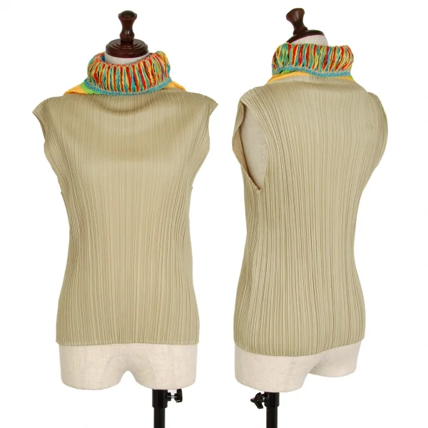 プリーツプリーズPLEATS PLEASE カラフルタートルネックノースリーブトップ ベージュ3 K-108878_001