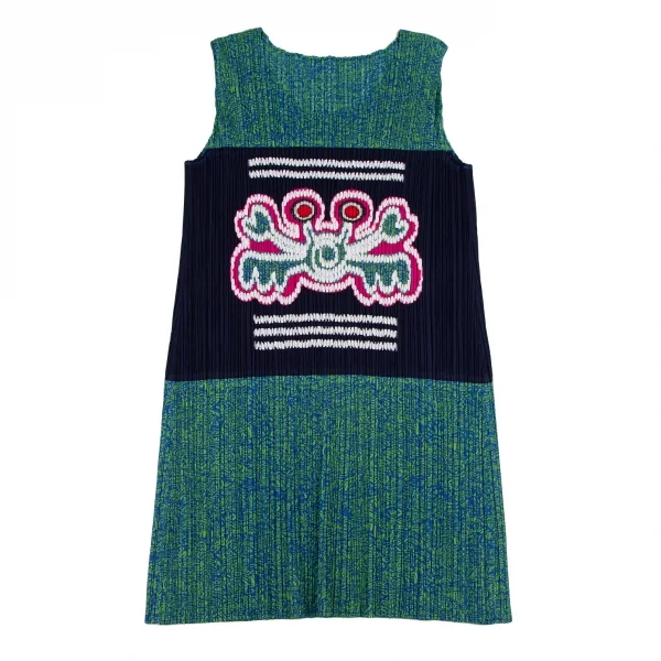 プリーツプリーズPLEATS PLEASE カニモチーフパッチプリーツノースリーブワンピース 紺緑3 K-108880_002