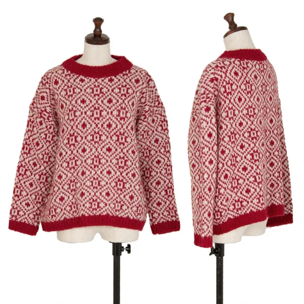 マックスマーラMax Mara WEEKEND アルパカモヘア混紡幾何学柄ワイドニット エンジ白XS K-109065_001