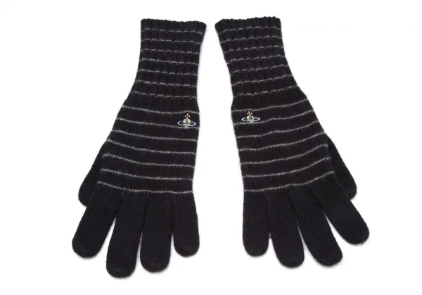ヴィヴィアンウエストウッドVivienne Westwood オーブワンポイント刺繍ボーダーニットグローブ 黒グレー K-109109_002