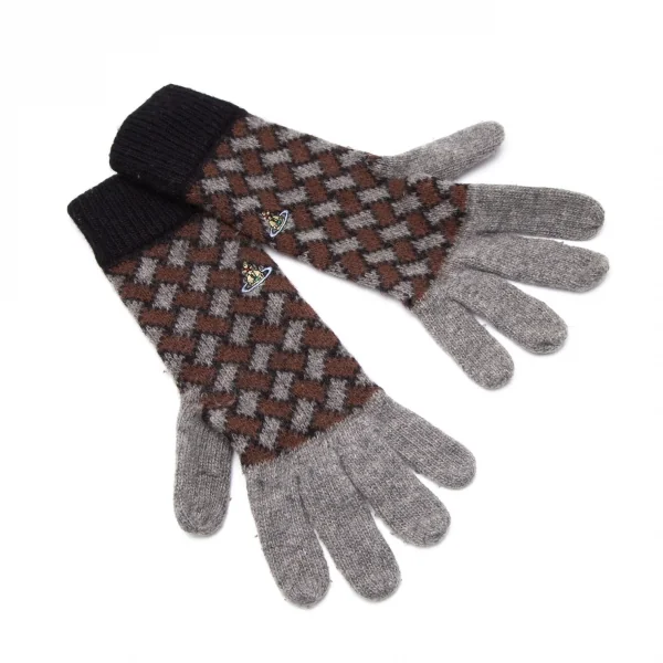 ヴィヴィアンウエストウッドVivienne Westwood オーブワンポイント刺繍チェックニットグローブ グレー茶 K-109110_001