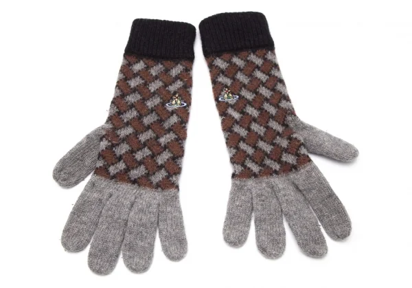 ヴィヴィアンウエストウッドVivienne Westwood オーブワンポイント刺繍チェックニットグローブ グレー茶 K-109110_002