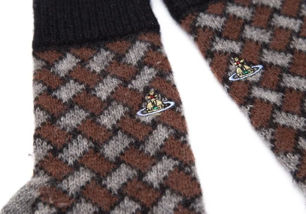 ヴィヴィアンウエストウッドVivienne Westwood オーブワンポイント刺繍チェックニットグローブ グレー茶 K-109110_003
