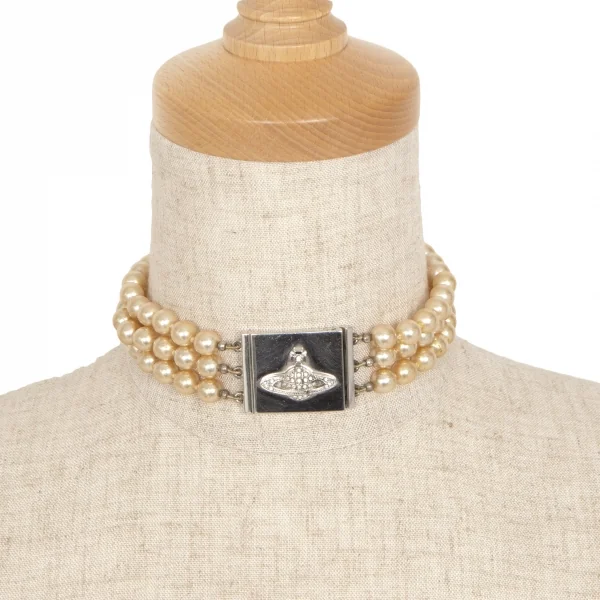 ヴィヴィアンウエストウッドVivienne Westwood オーブメタルプレート三連チョーカーネックレス パール K-109146_001