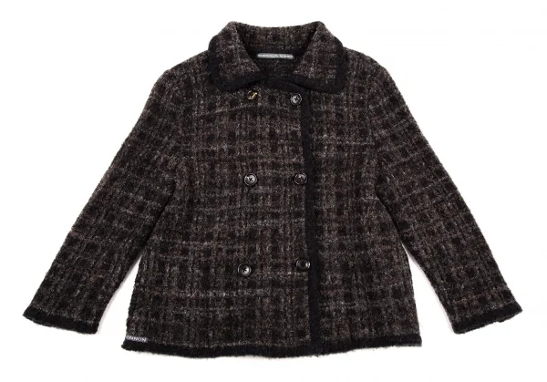 マドモアゼルノンノンMademoiselle NON NON ループツイードチェックニットジャケット 茶黒38M K-109217_002