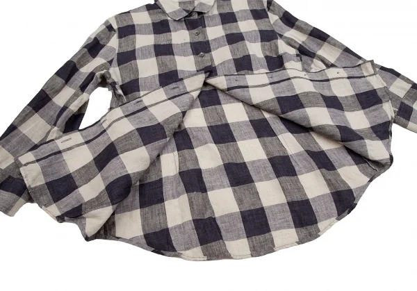 マドモアゼルノンノンMademoiselle NON NON リネンブロックチェックシャツ 生成り紺38M K-109341_010