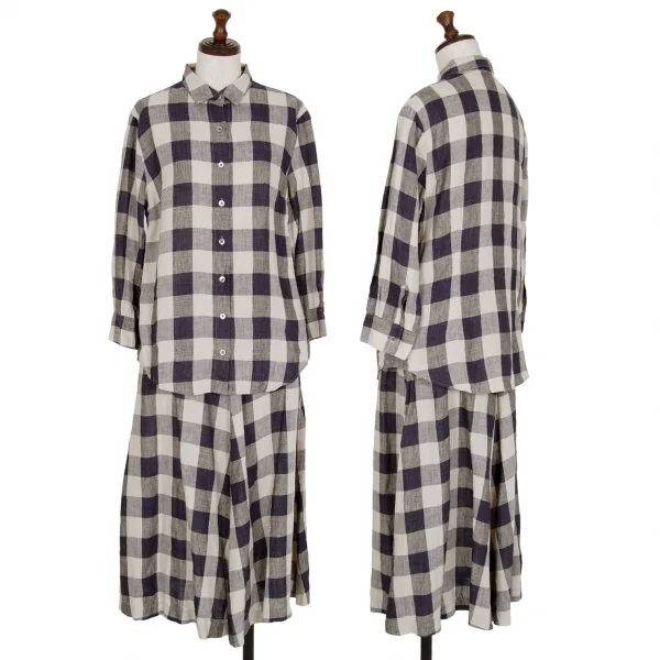 マドモアゼルノンノンMademoiselle NON NON リネンブロックチェックシャツ 生成り紺38M K-109341_013